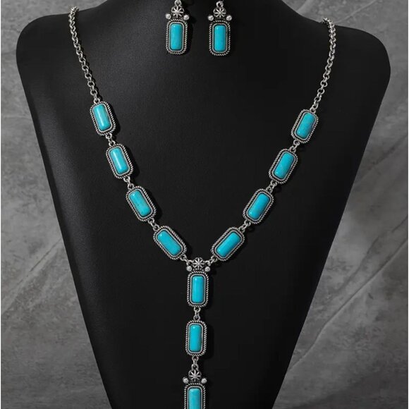 Imitation Turquoise Stone Necklace & Earring Set Boho Silver Tone - Picture 1 of 3